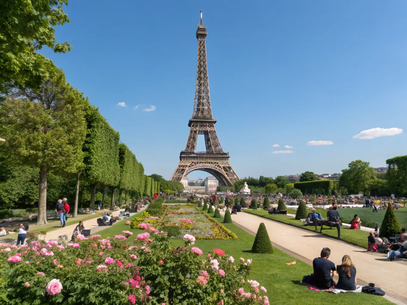 The Eiffel Tower in Paris, France, standing tall against a clear blue sky, with the Seine River flowing in the foreground. People are strolling along the riverbank, enjoying the picturesque scenery and the charming atmosphere of the city.
