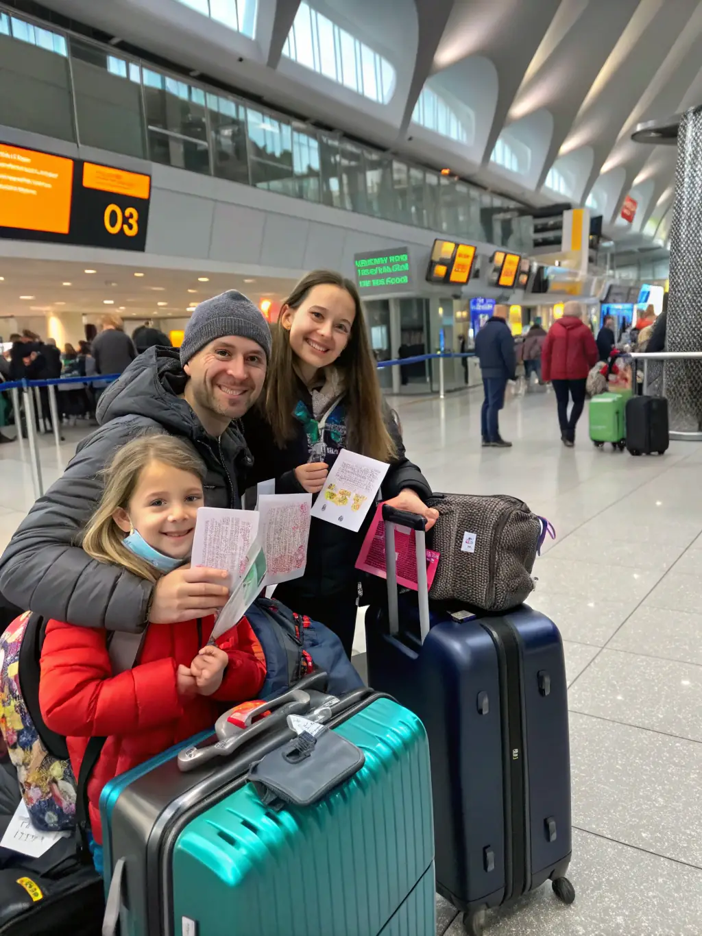 A family smiling confidently while holding travel documents, emphasizing the security of travel insurance.