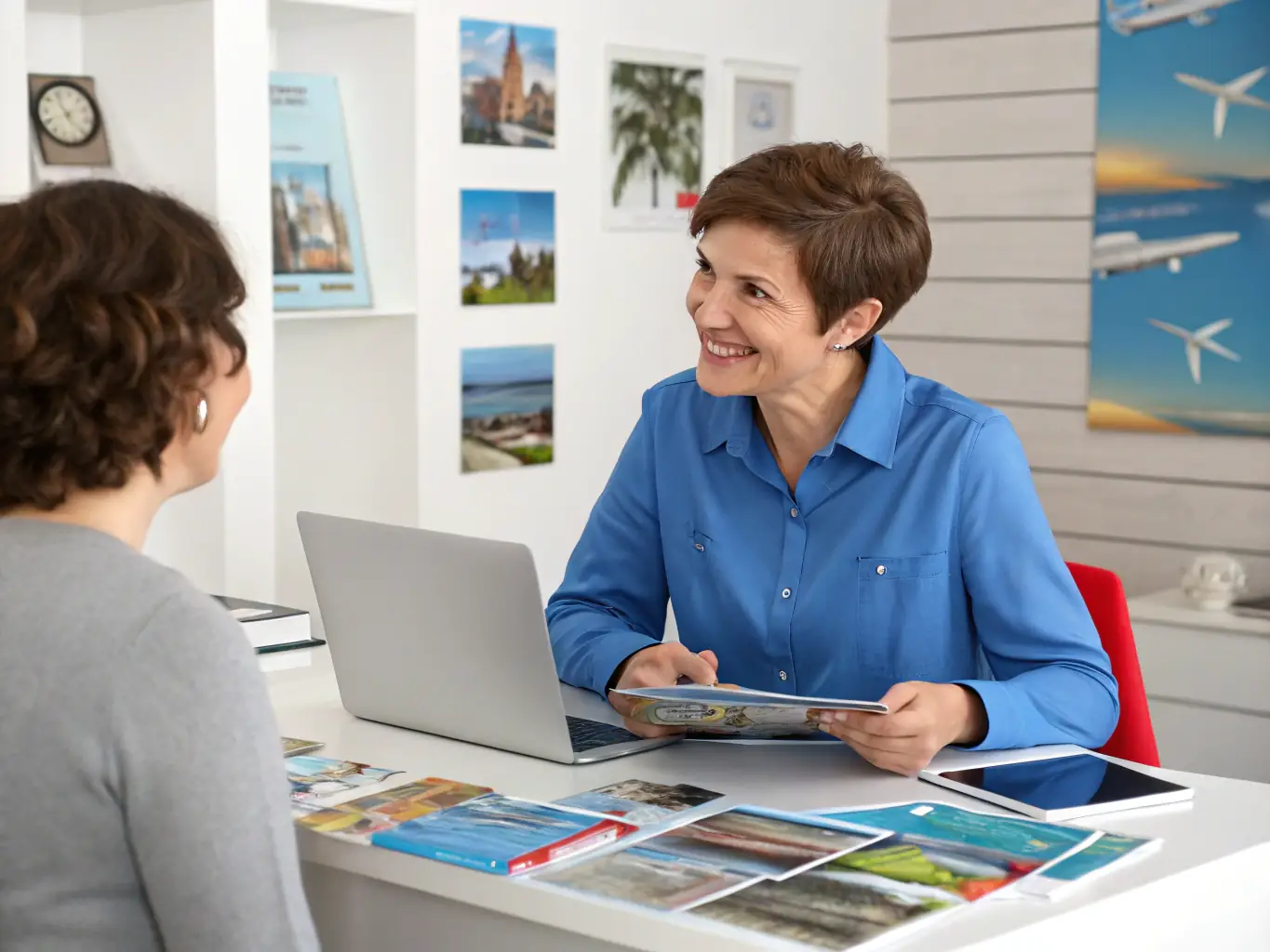 A friendly travel agent assisting a client in a modern office setting, reviewing travel documents and smiling, conveying personalized service.