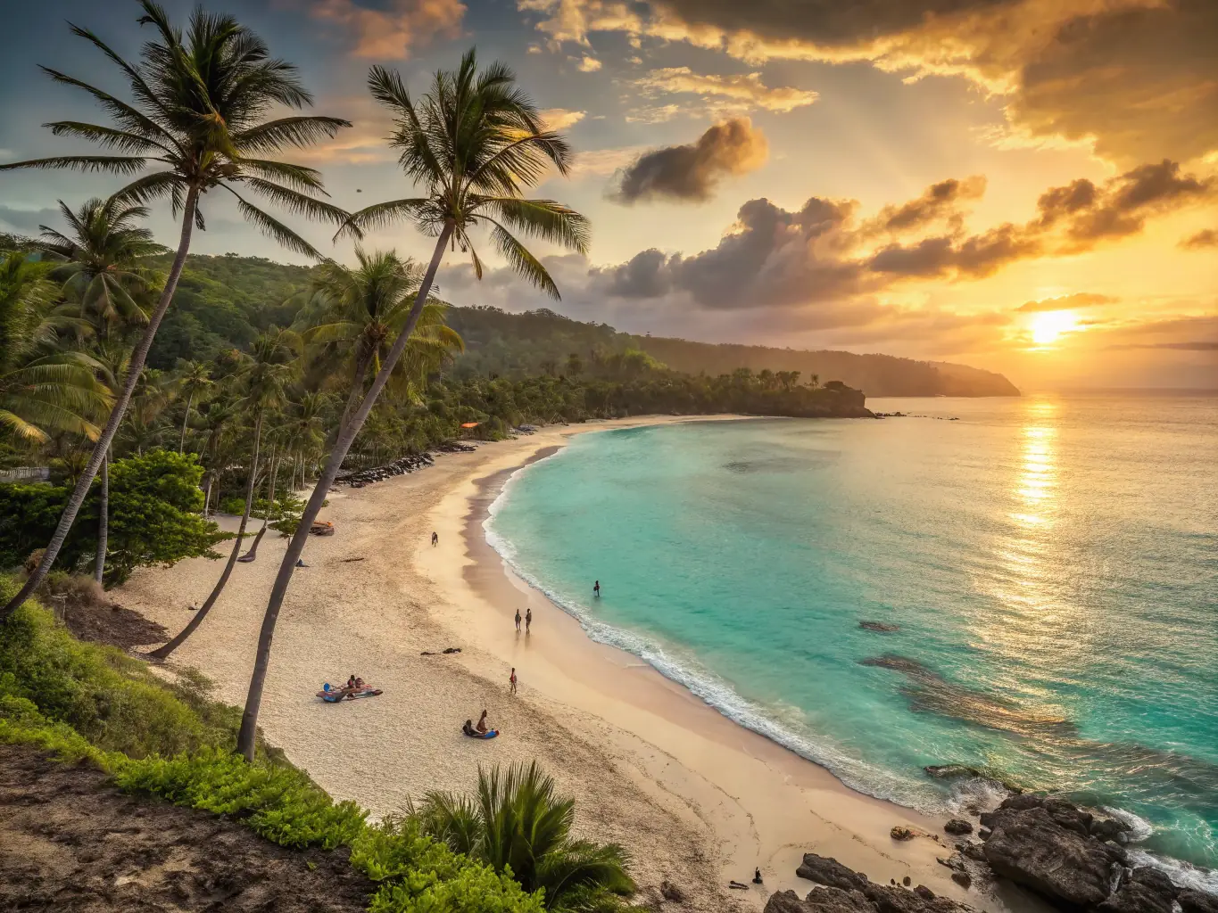 A vibrant, sun-drenched beach in Bali, Indonesia, with crystal-clear turquoise water, white sand, and lush green palm trees swaying in the breeze. Several people are enjoying the beach, some swimming, some sunbathing, and some sipping cocktails at a beach bar.