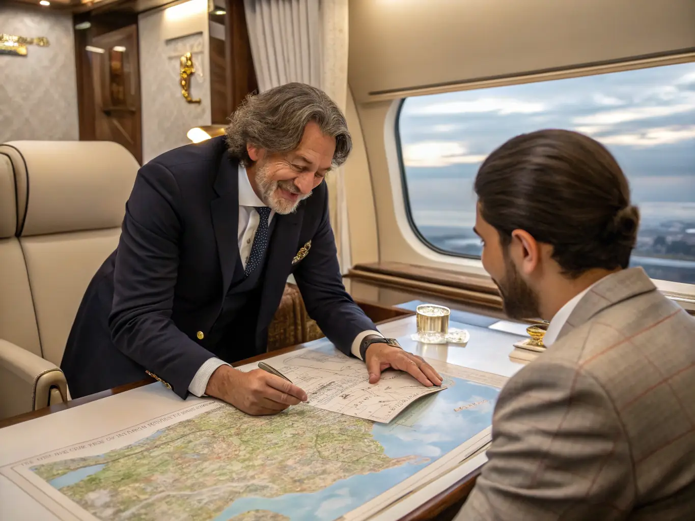 A travel expert providing advice to a client, pointing at a map and discussing potential destinations, showcasing expert guidance.
