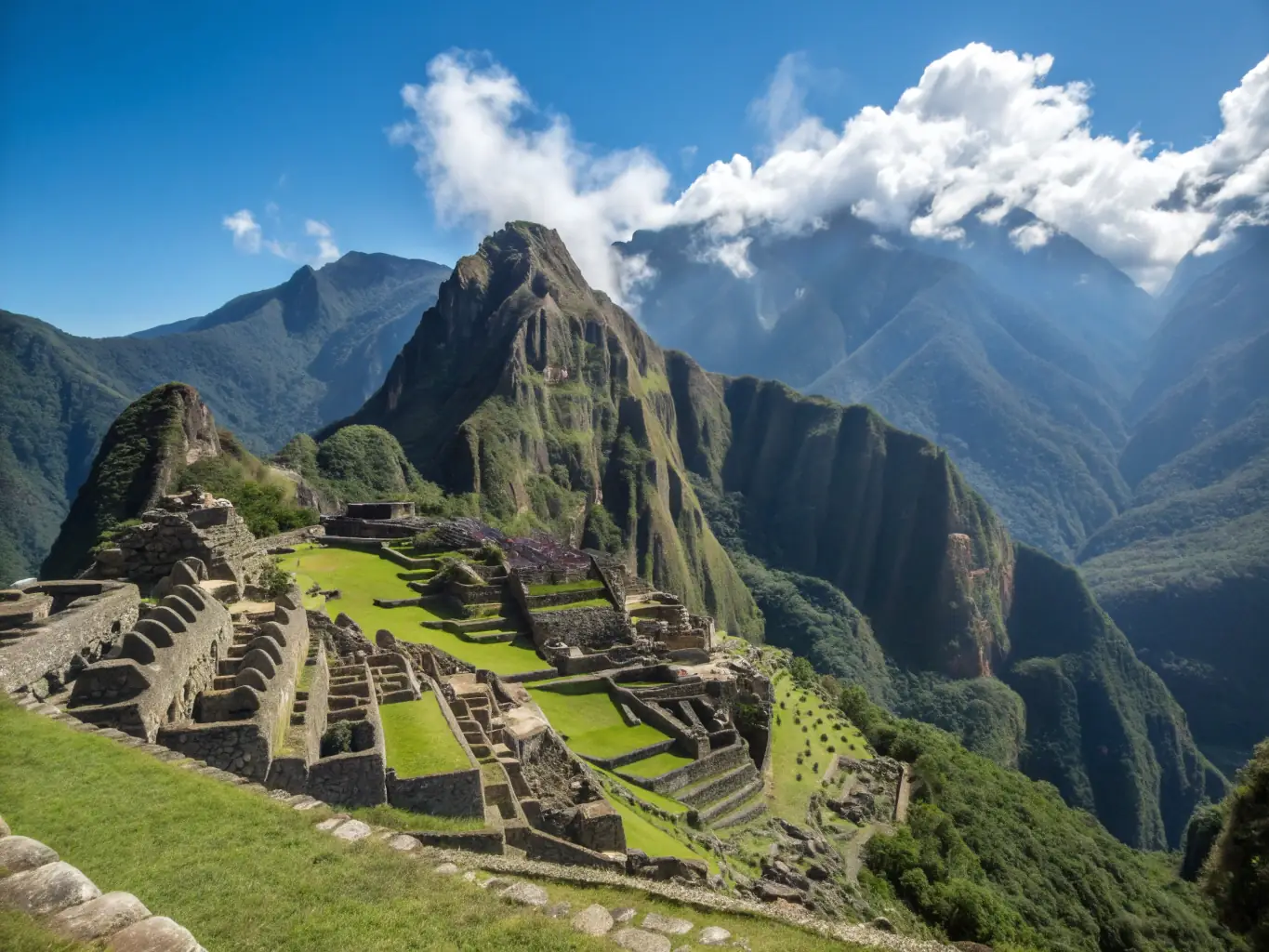 The majestic Machu Picchu ruins in Peru, perched high in the Andes Mountains, shrouded in mist and surrounded by lush green vegetation. The ancient stone structures are well-preserved, showcasing the architectural brilliance of the Inca civilization.
